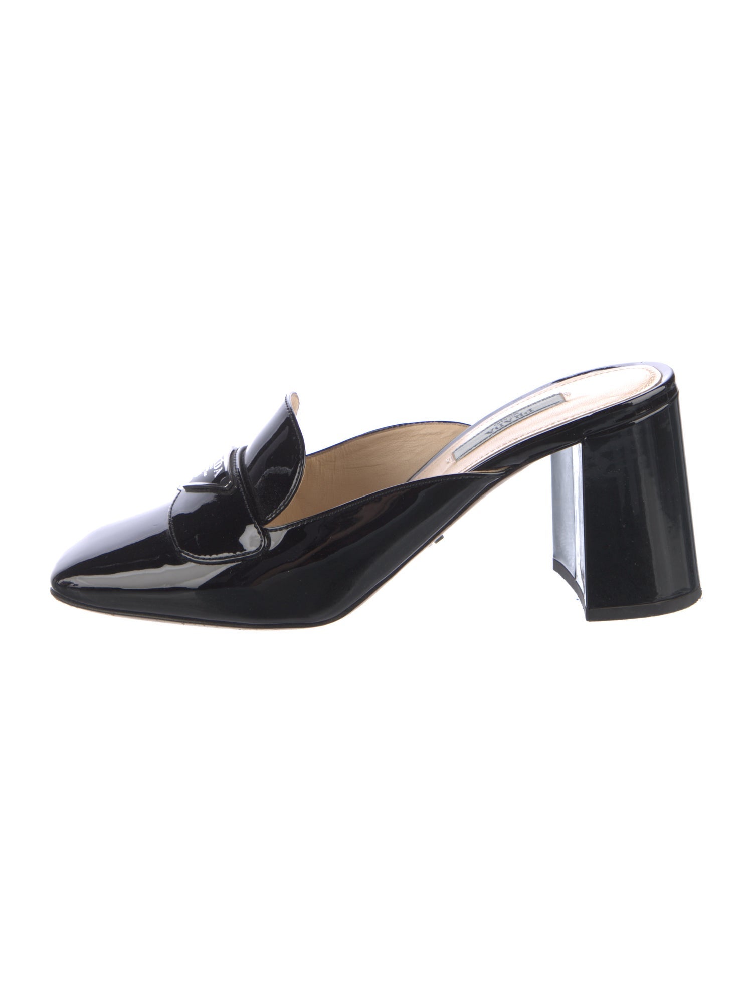 Prada Enameled Metal Triangle Patent Leather Mules