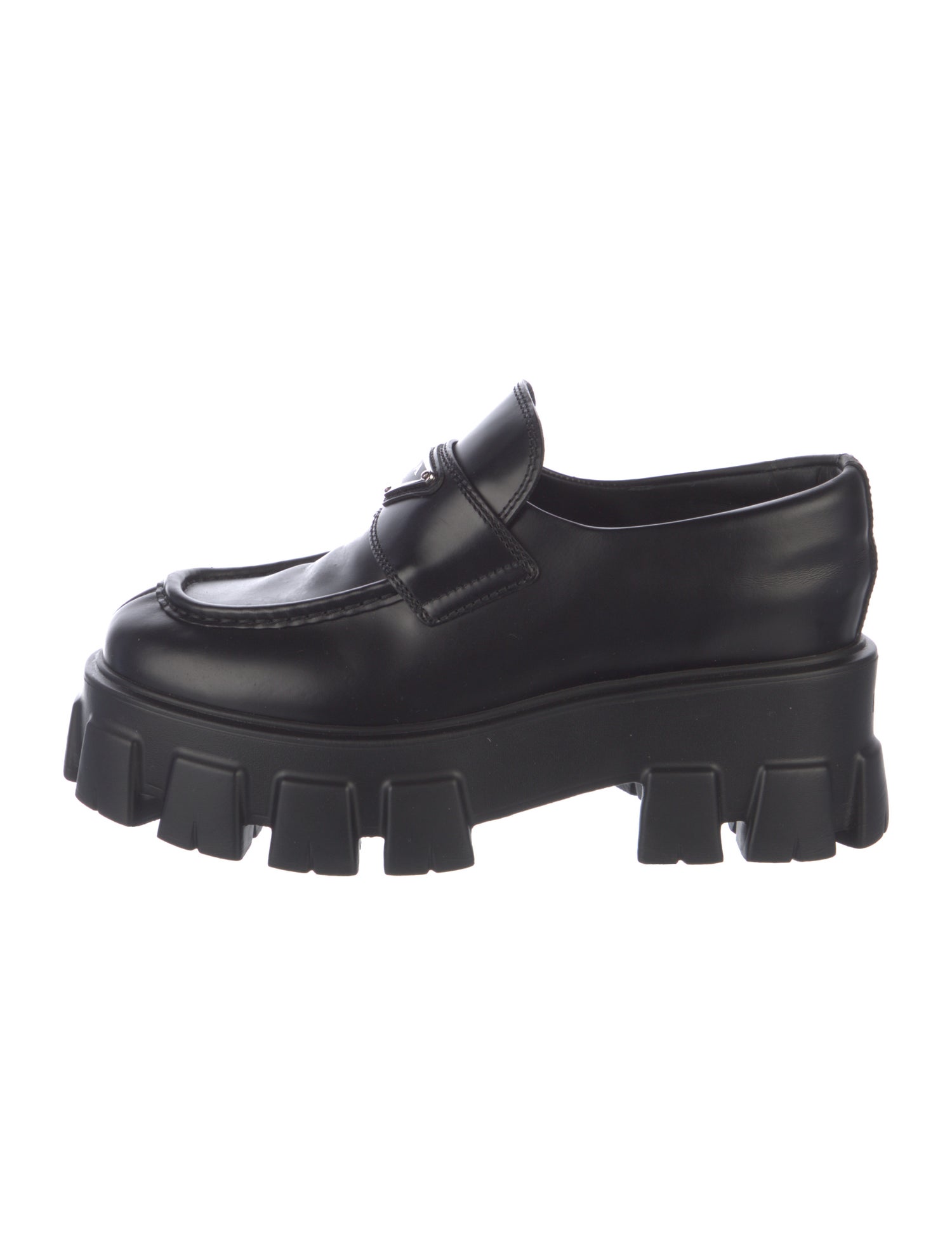 Prada Enameled Metal Triangle Leather Oxfords