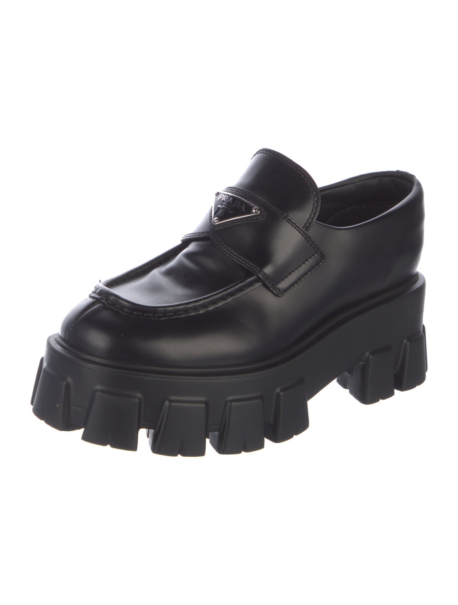 Prada Enameled Metal Triangle Leather Oxfords