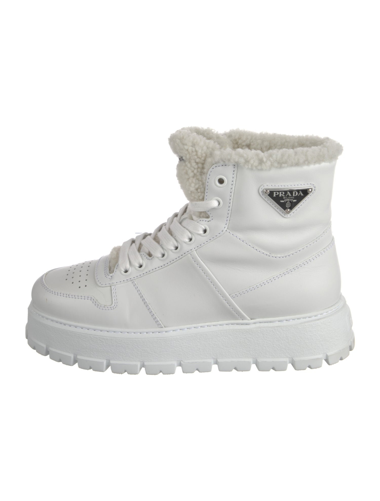 Prada Enameled Metal Triangle Leather Lace-Up Boots