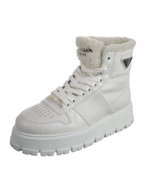 Prada Enameled Metal Triangle Leather Lace-Up Boots