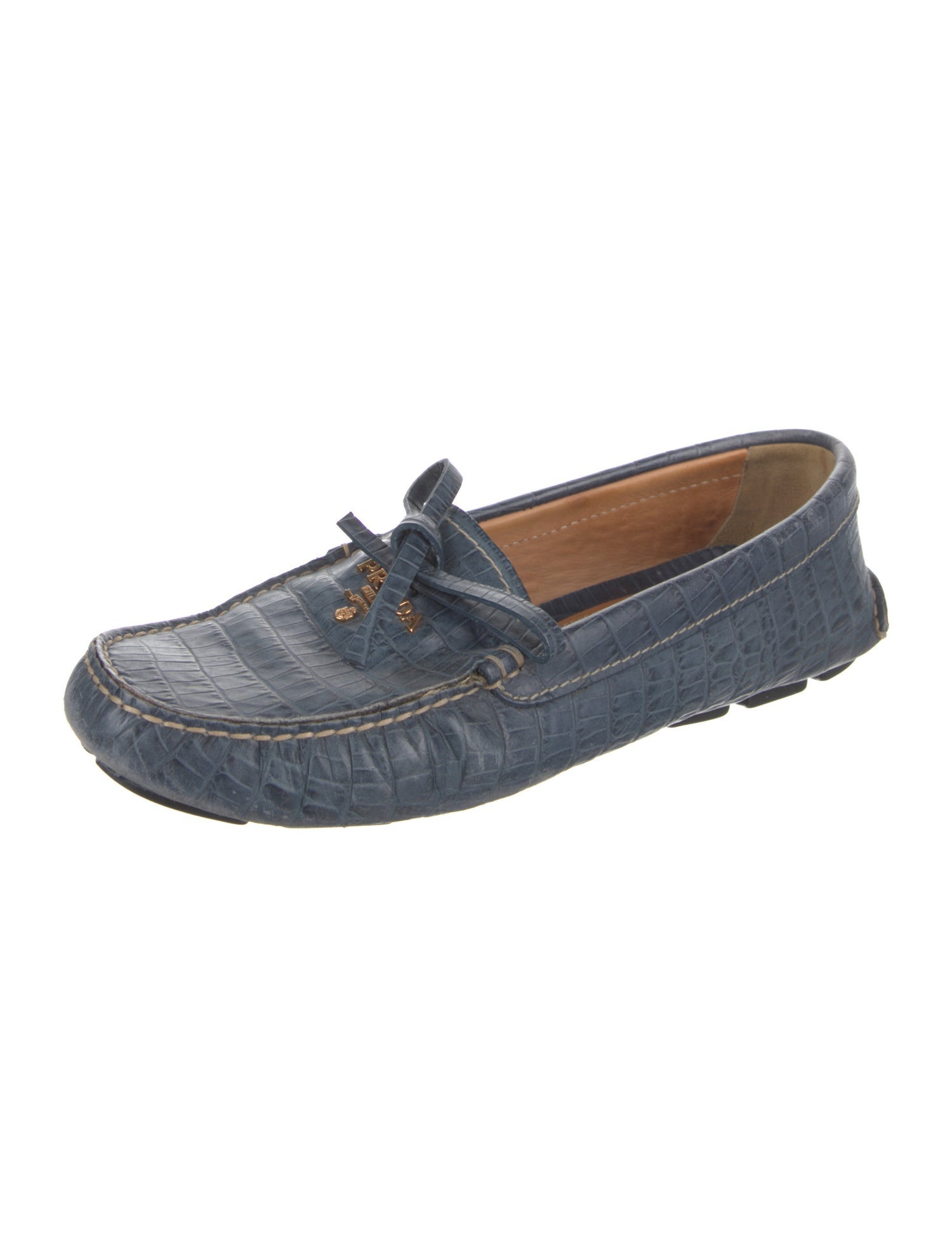 Prada Embossed Leather Bow Accents Loafers