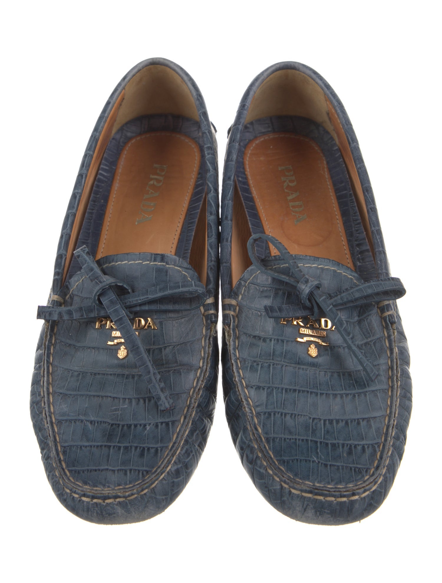 Prada Embossed Leather Bow Accents Loafers