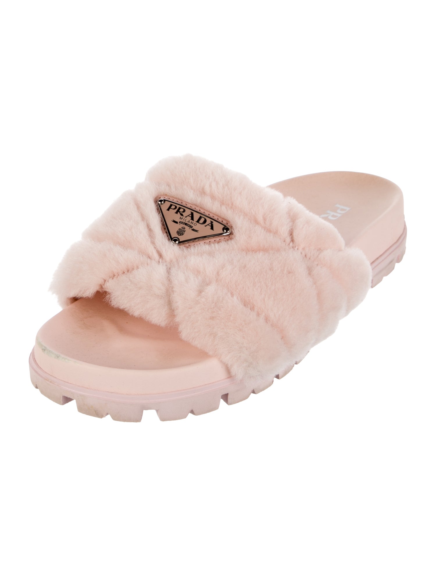 Prada Enameled Metal Triangle Shearling Slides