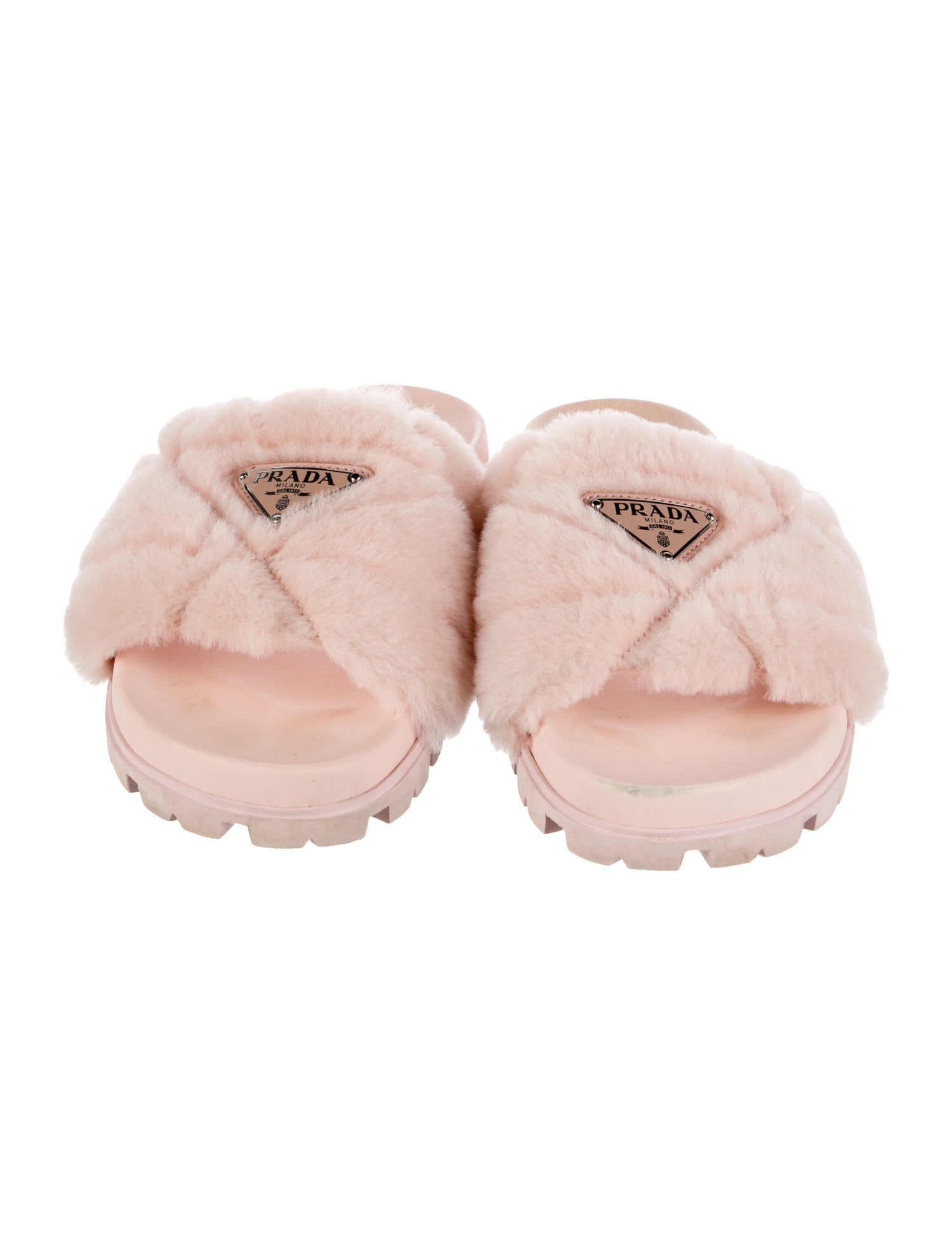 Prada Enameled Metal Triangle Shearling Slides