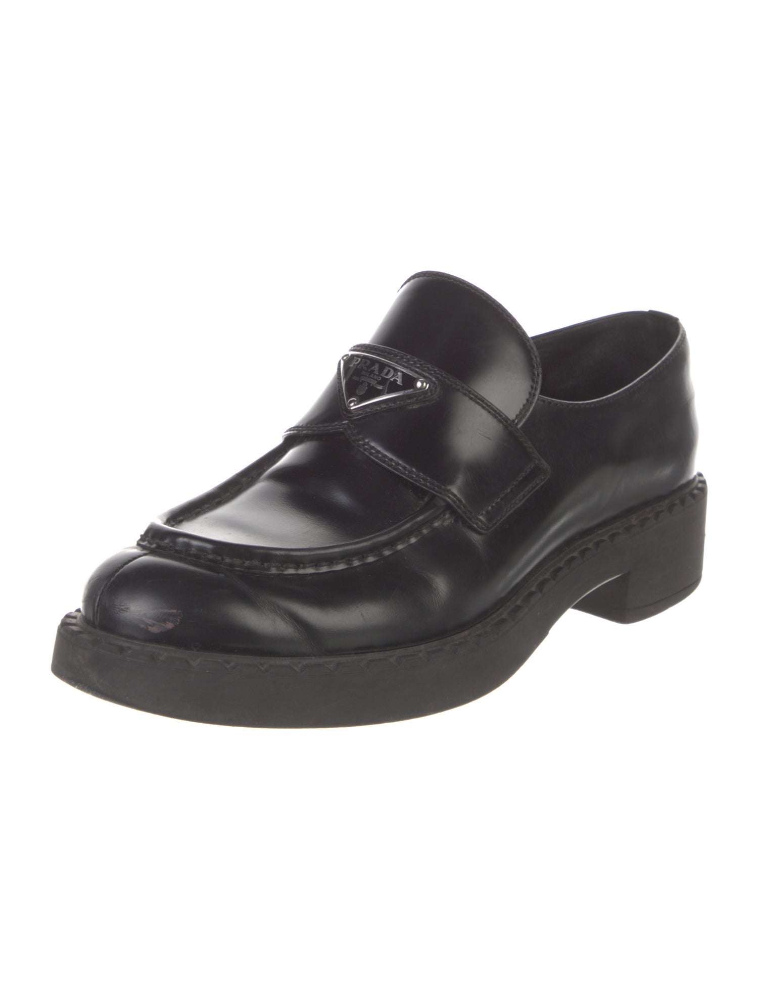 Prada Enameled Metal Triangle Leather Oxfords