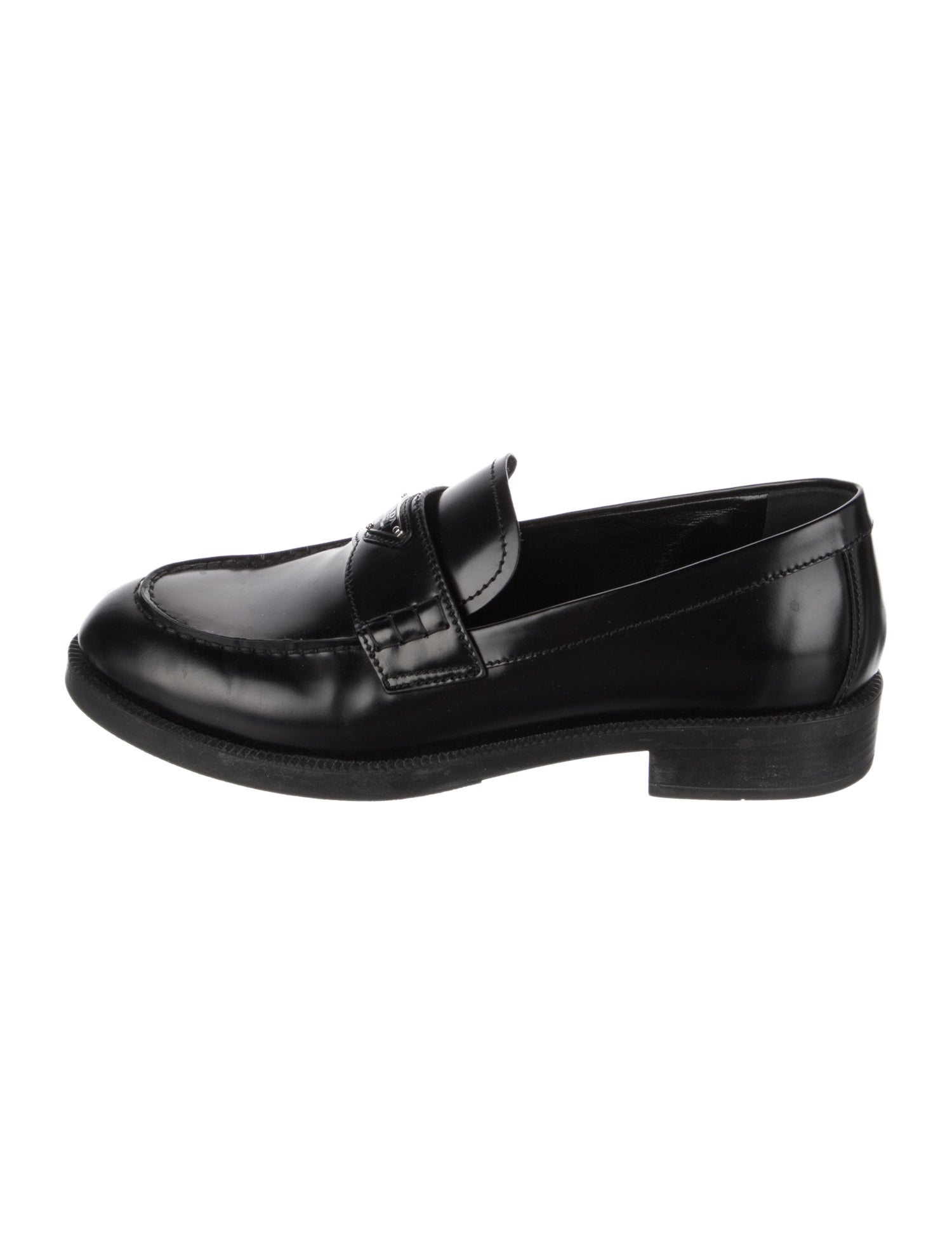 Prada Enameled Metal Triangle Leather Loafers