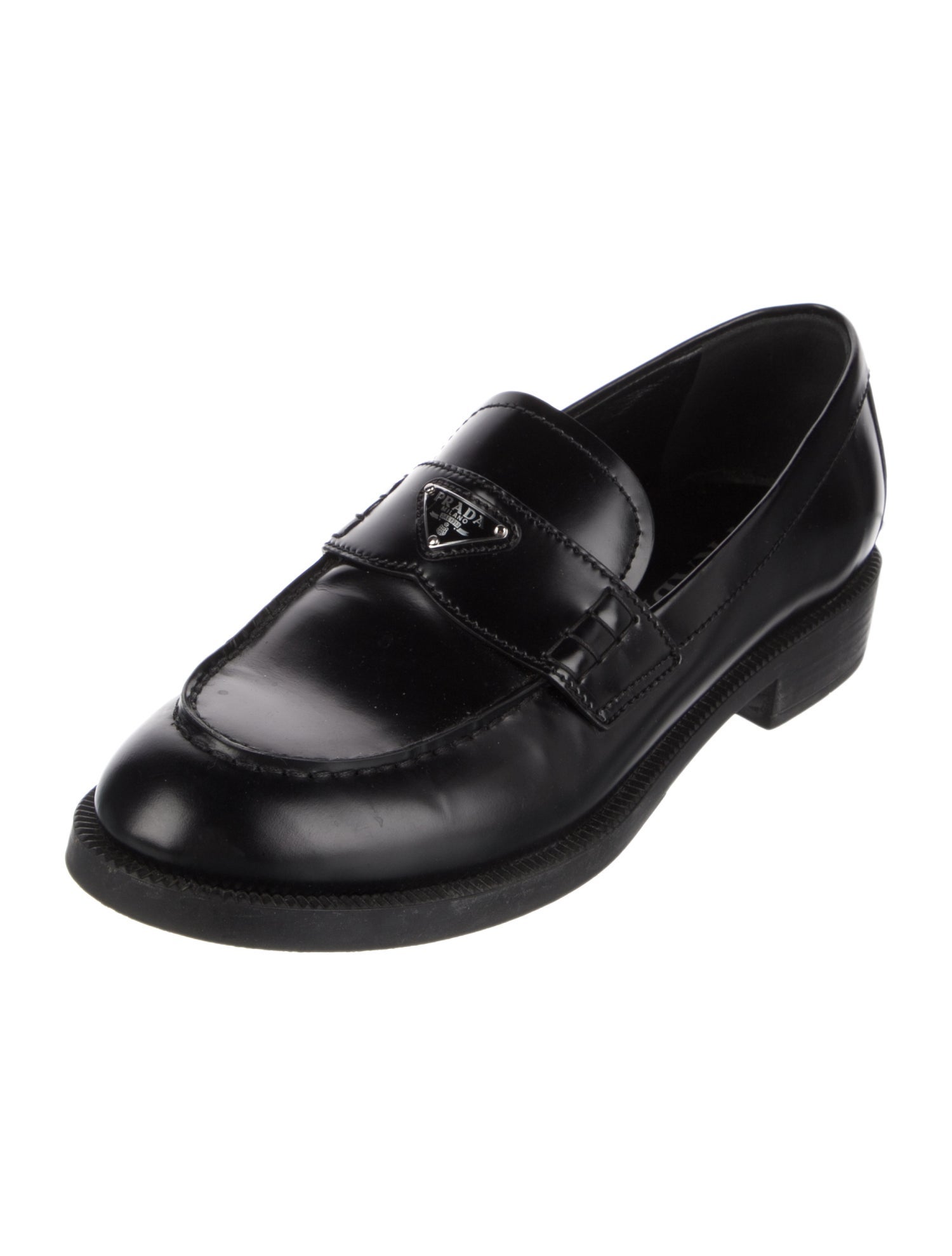 Prada Enameled Metal Triangle Leather Loafers