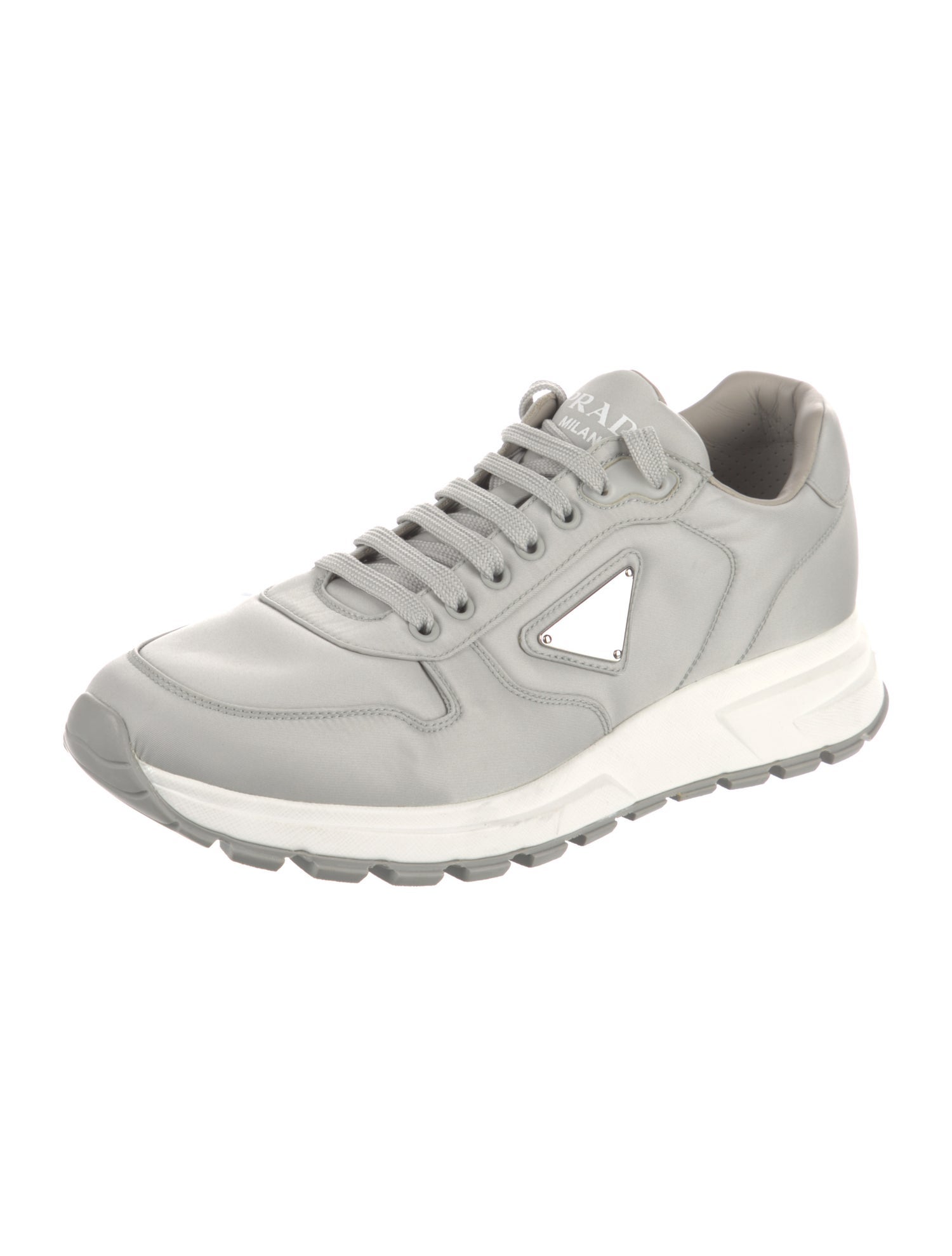 Prada Enameled Metal Triangle Leather Sneakers