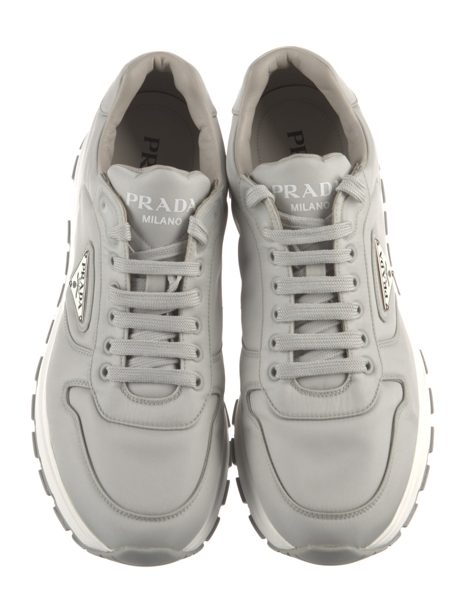 Prada Enameled Metal Triangle Leather Sneakers