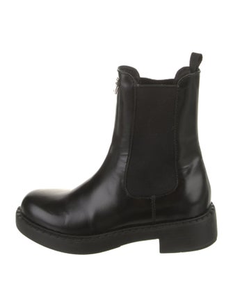 Prada Enameled Metal Triangle Leather Chelsea Boots