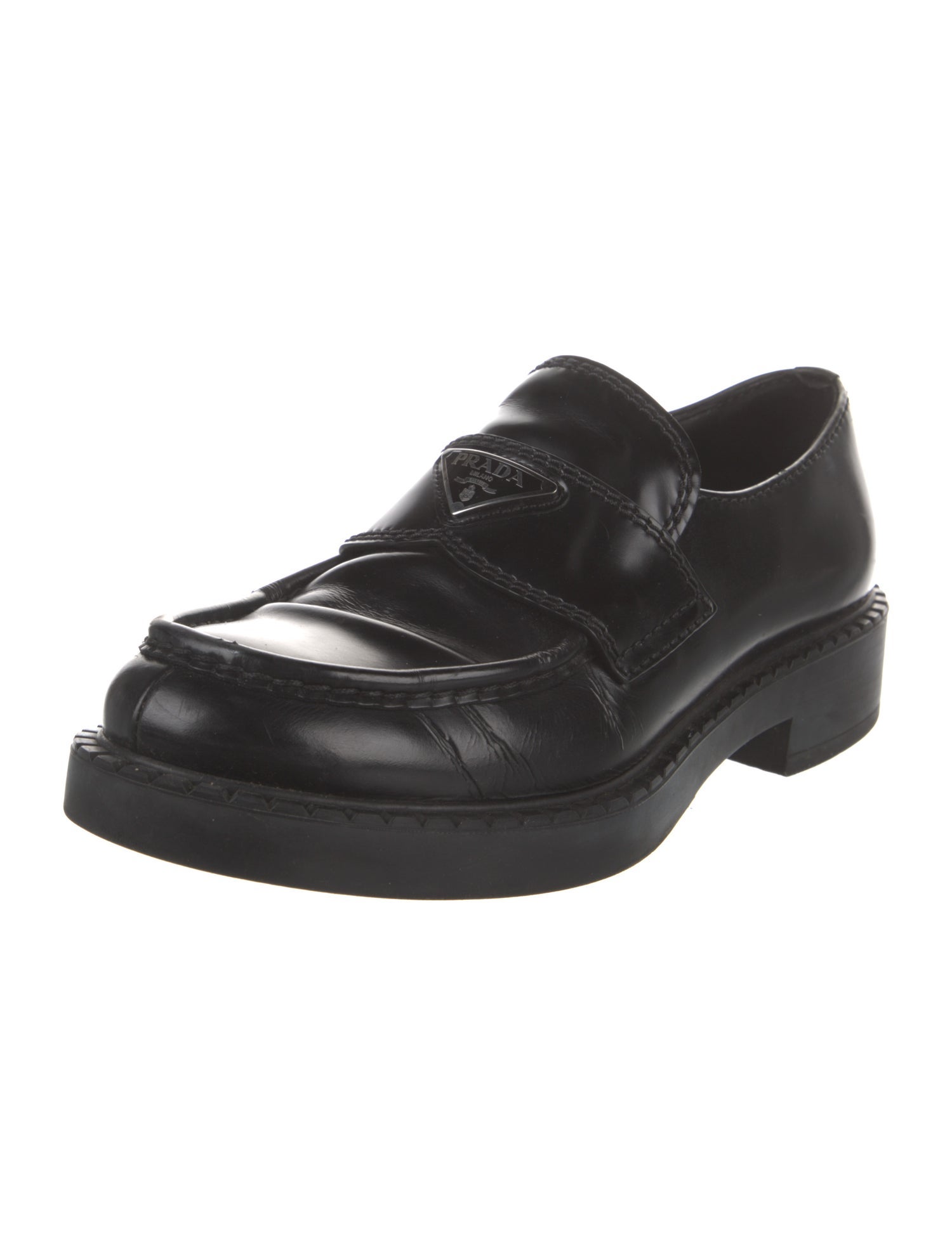 Prada Enameled Metal Triangle Patent Leather Dress Loafers