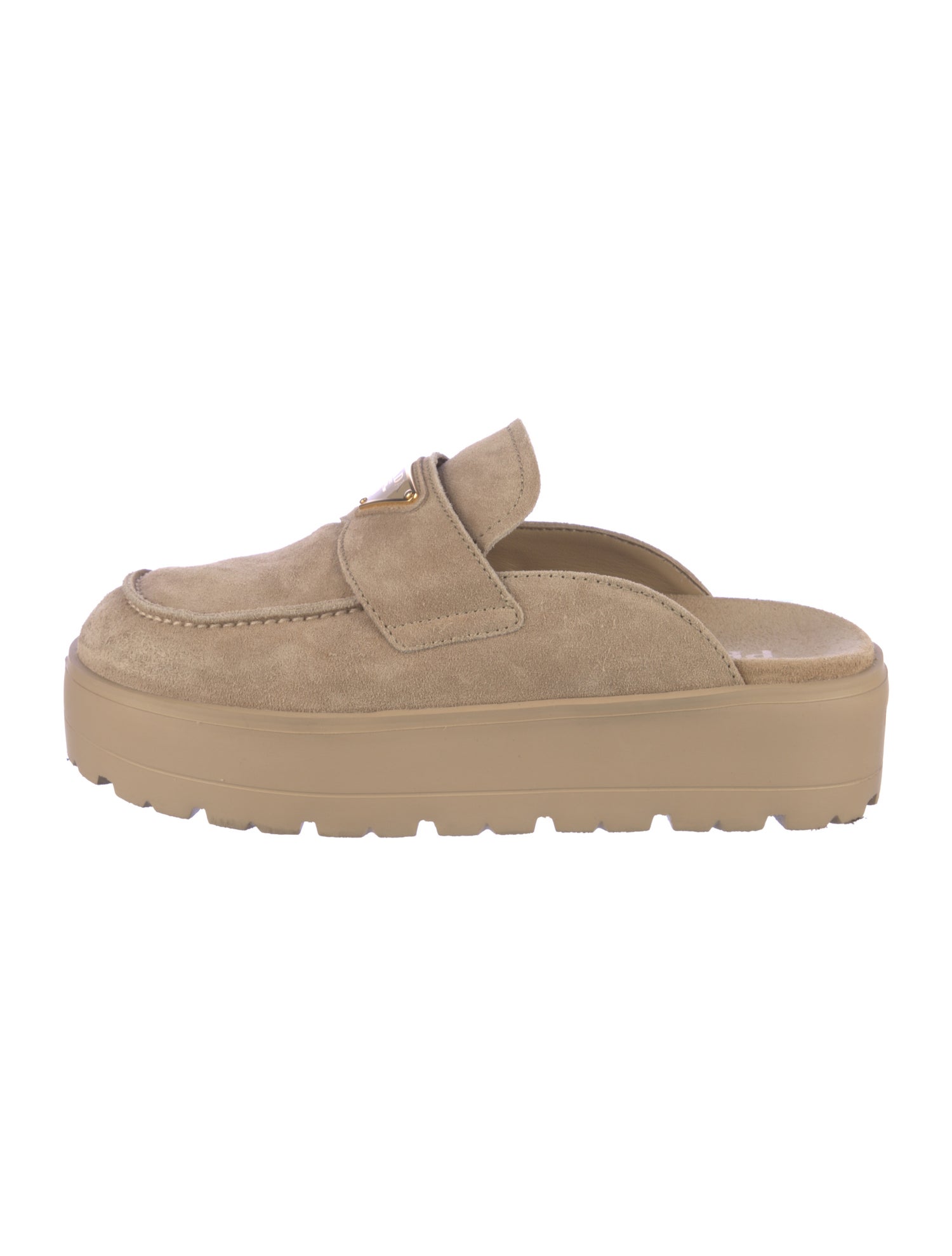 Prada Enameled Metal Triangle Suede Mules