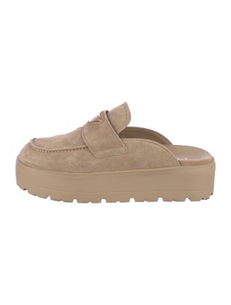 Prada Enameled Metal Triangle Suede Mules