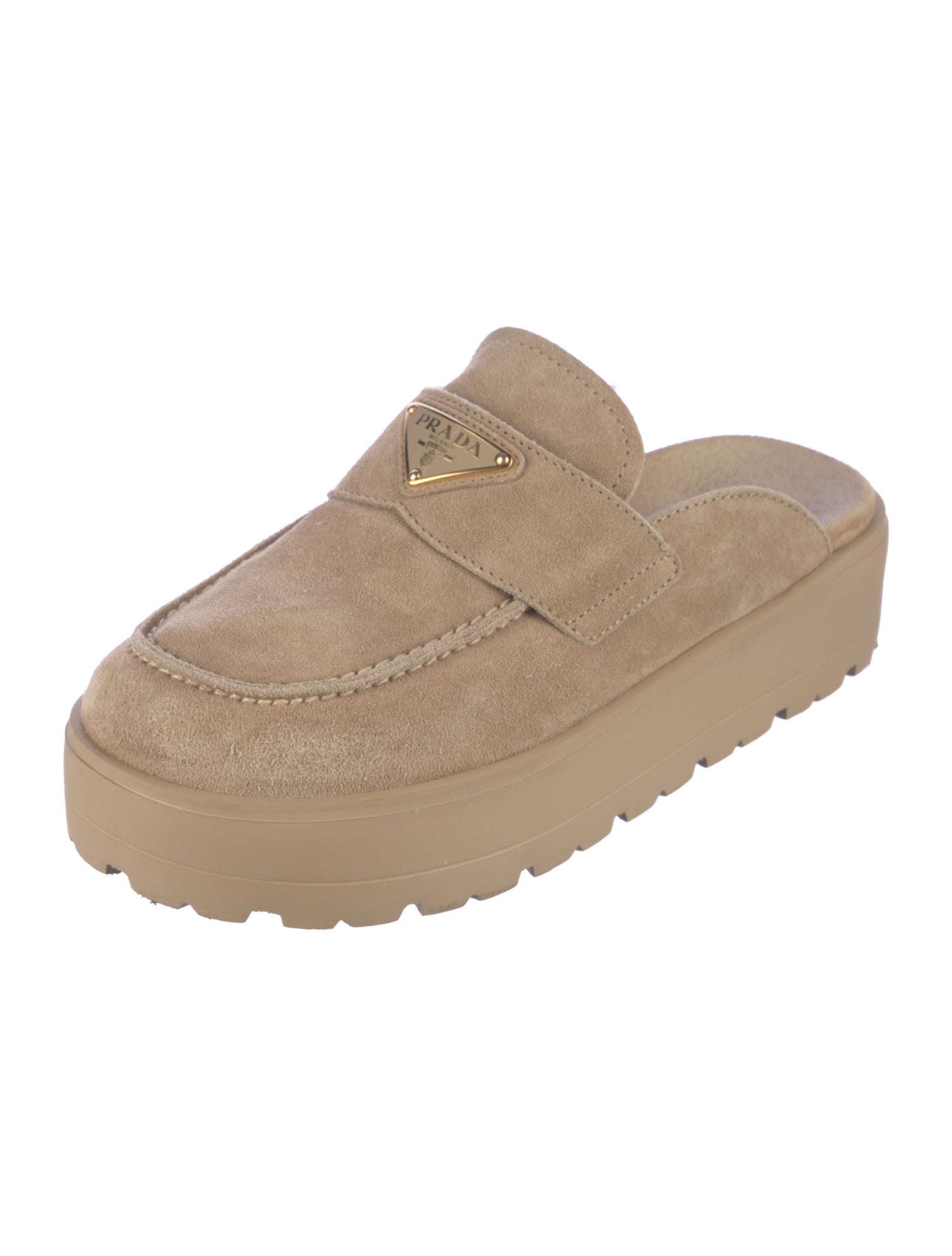 Prada Enameled Metal Triangle Suede Mules