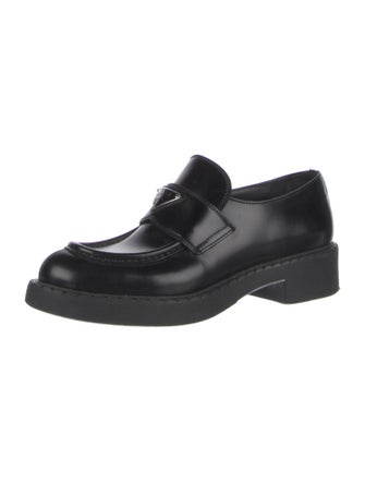 Prada Enameled Metal Triangle Leather Loafers
