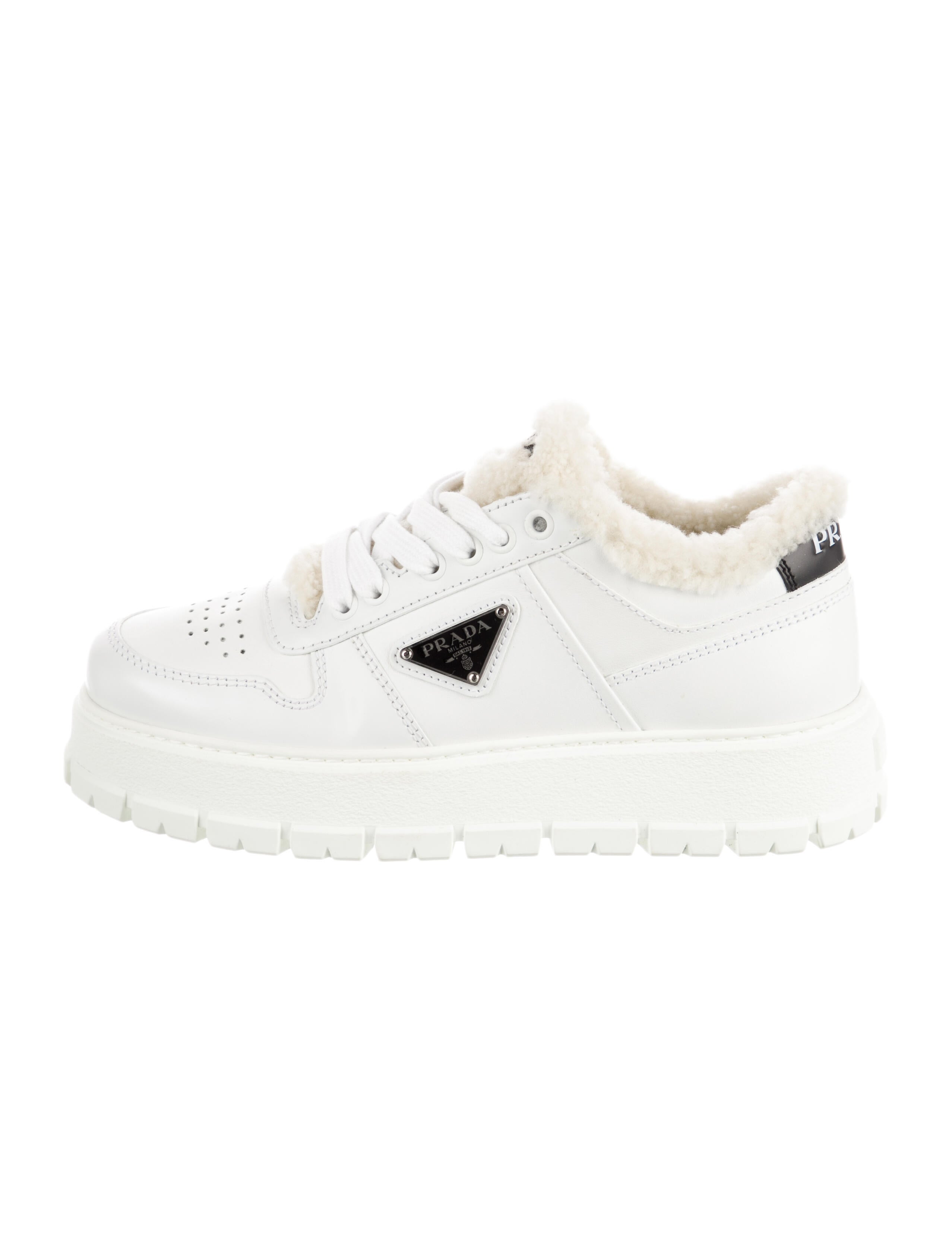 Prada Enameled Metal Triangle Leather Sneakers