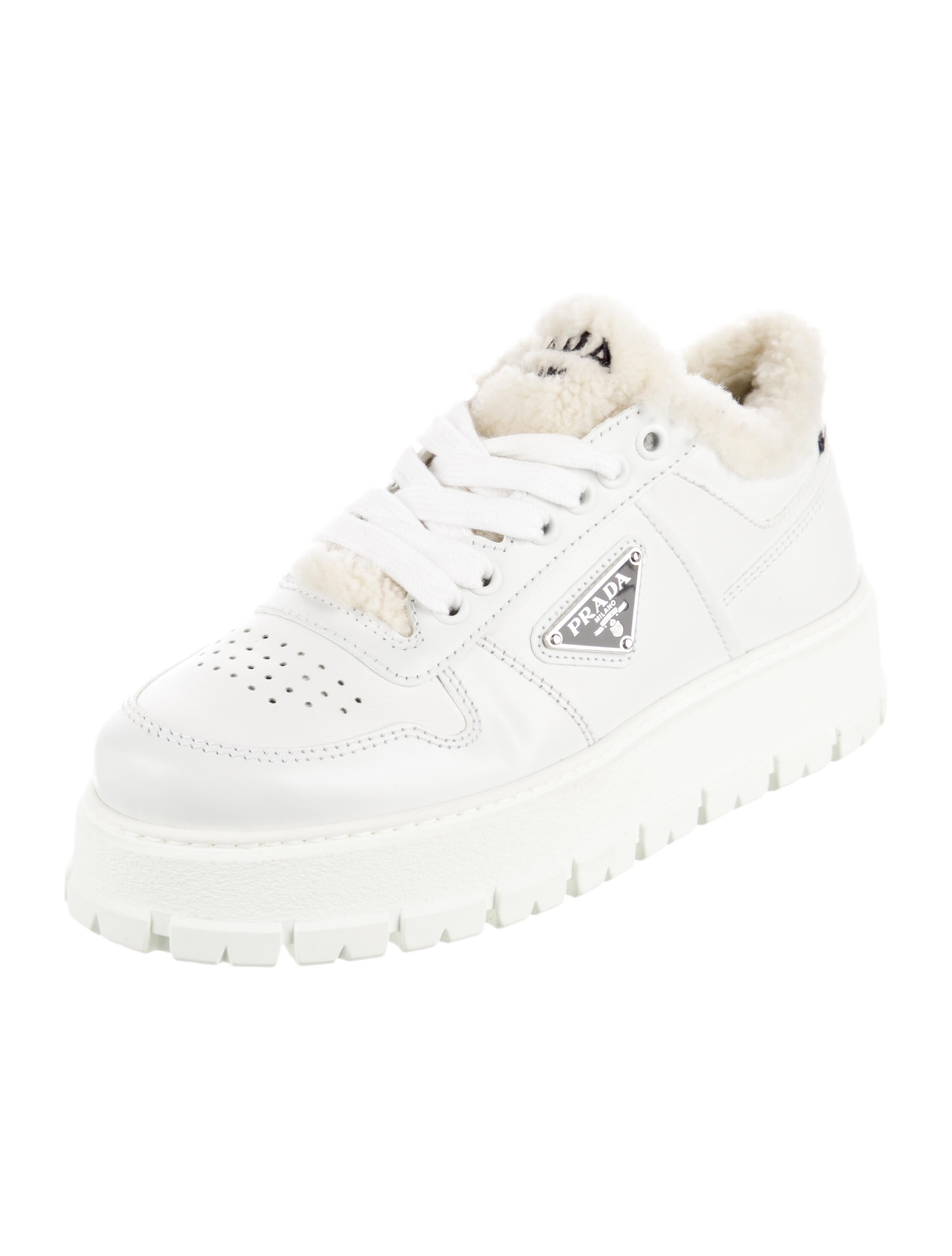 Prada Enameled Metal Triangle Leather Sneakers