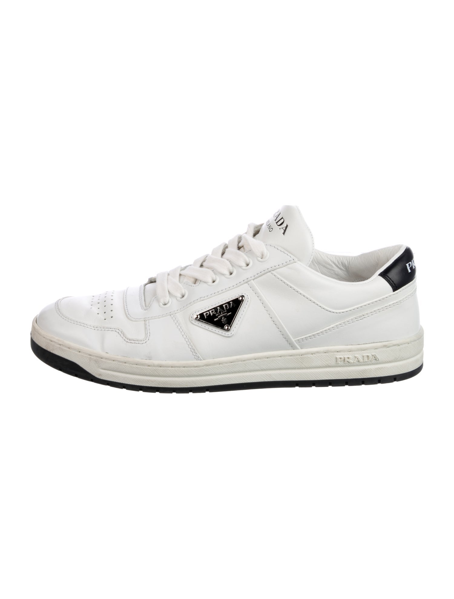 Prada Enameled Metal Triangle Leather Sneakers