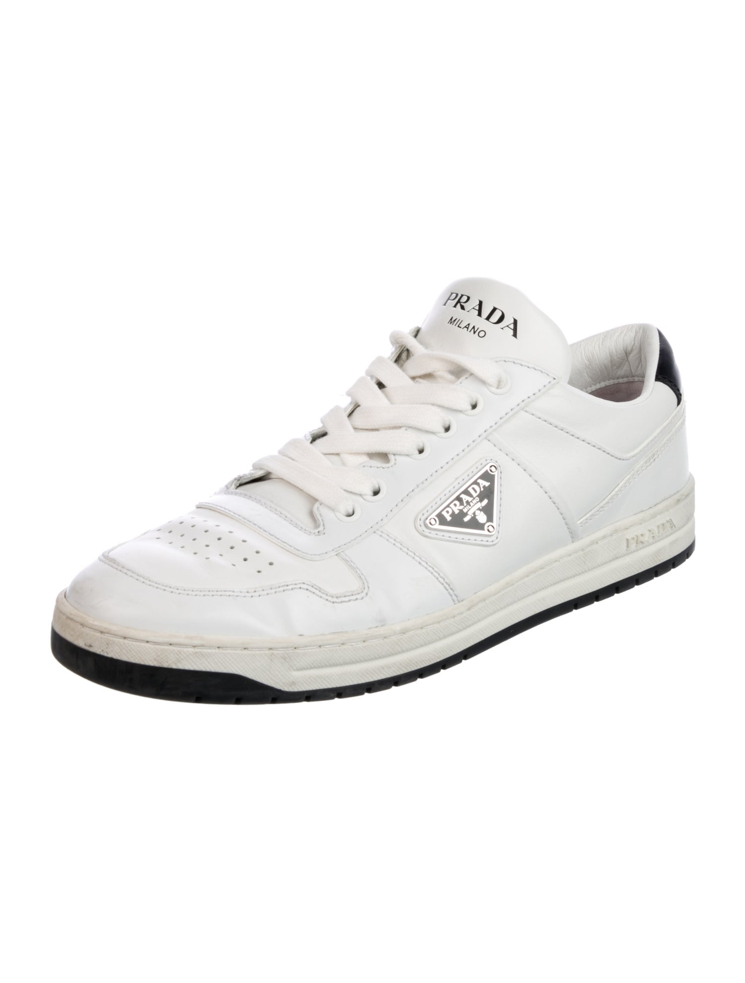 Prada Enameled Metal Triangle Leather Sneakers