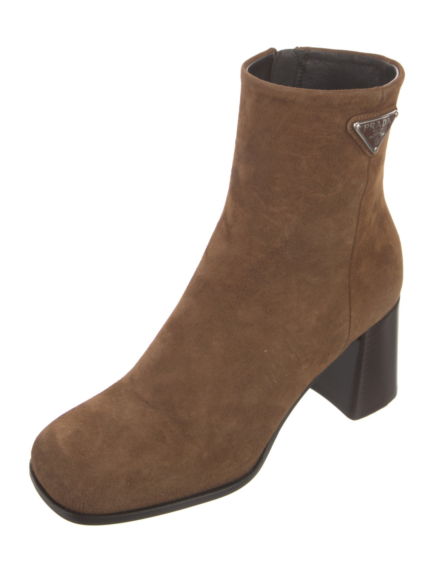 Prada Enameled Metal Triangle Suede Boots