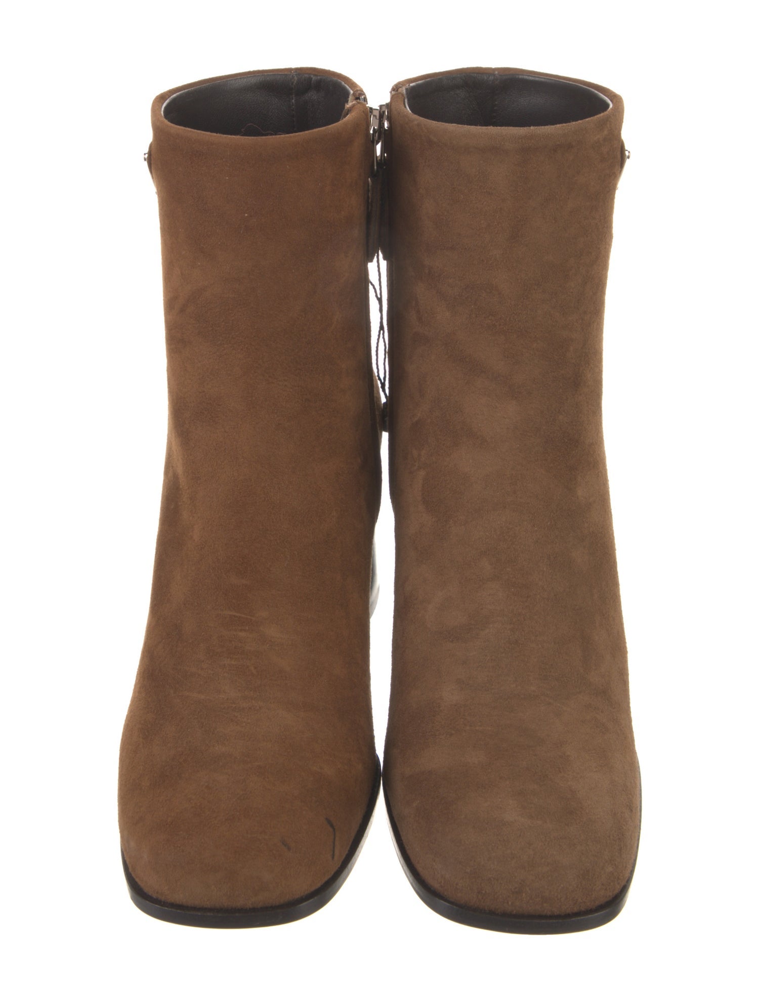 Prada Enameled Metal Triangle Suede Boots