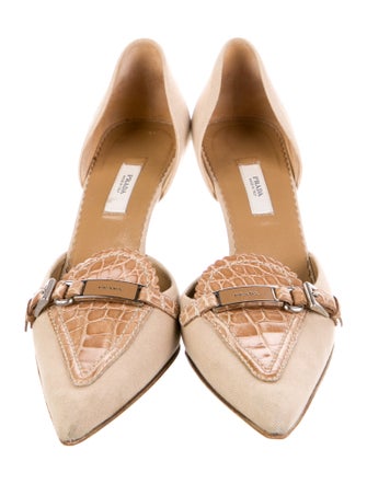 Prada Canvas Leather Trim Embellishment D'Orsay Pumps