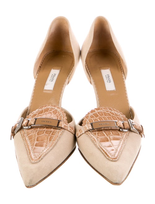 Prada Canvas Leather Trim Embellishment D'Orsay Pumps