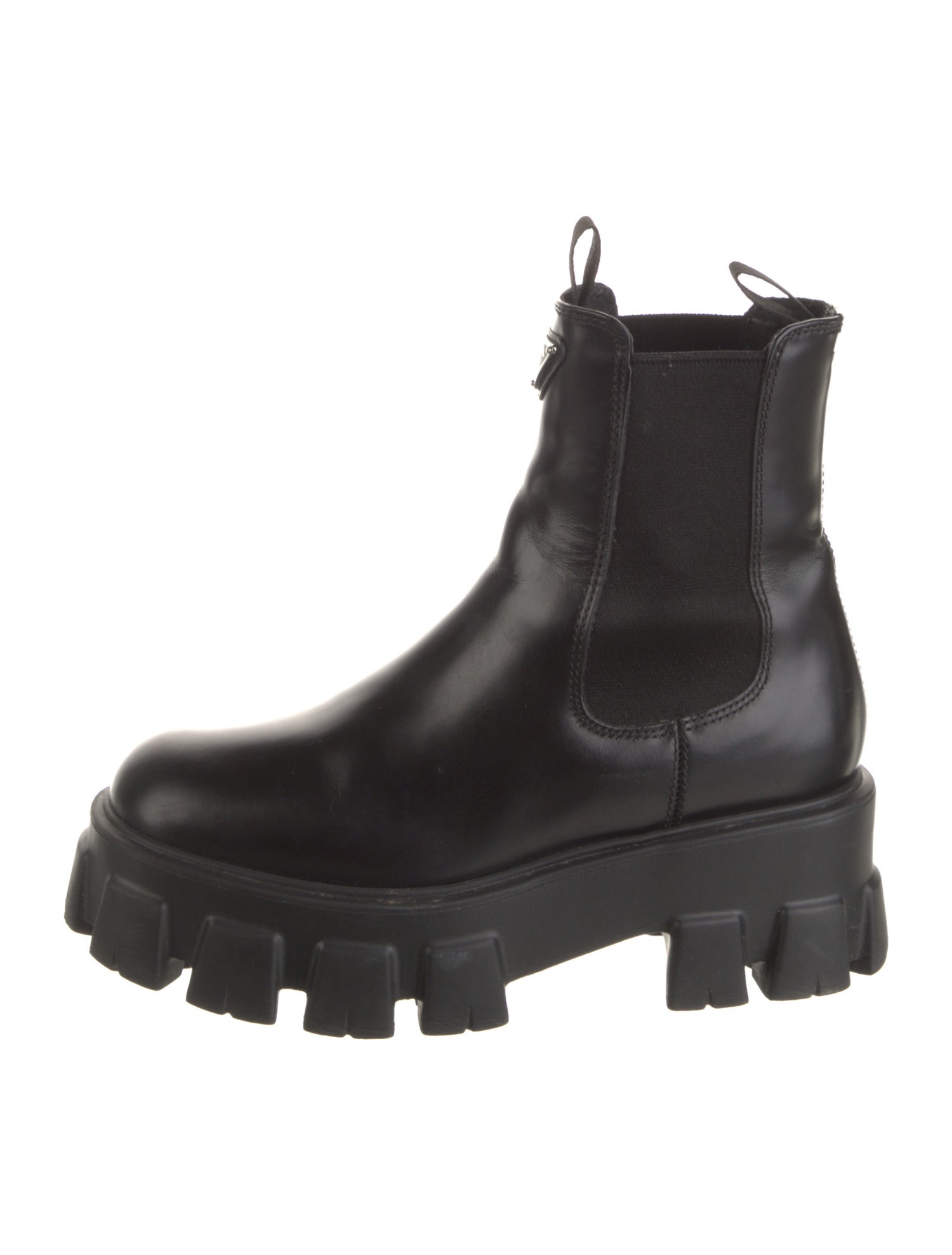Prada Enameled Metal Triangle Leather Chelsea Boots