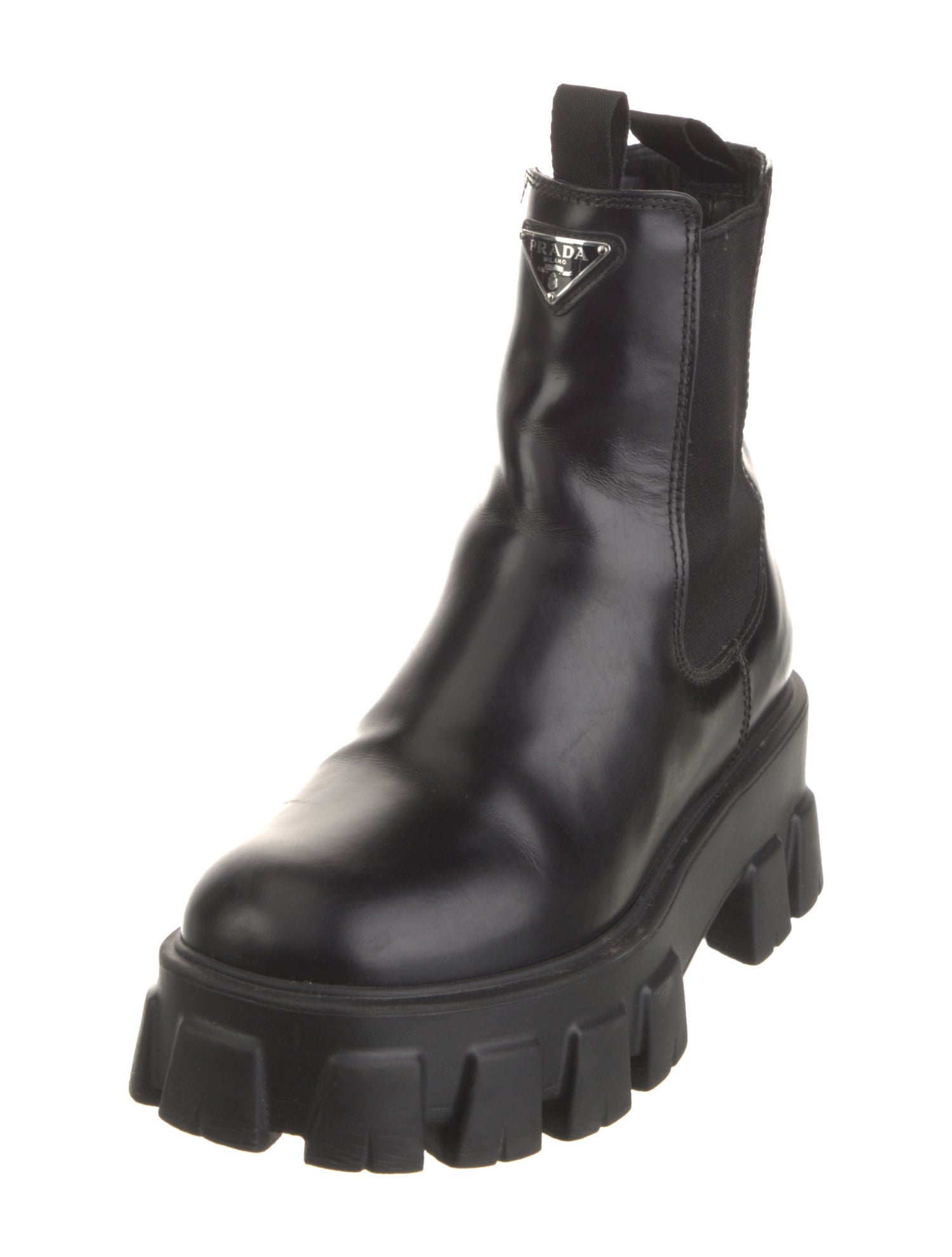 Prada Enameled Metal Triangle Leather Chelsea Boots