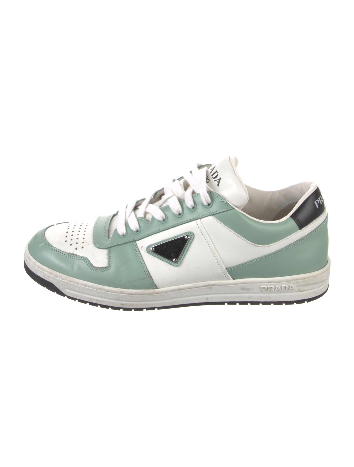 Prada Enameled Metal Triangle Leather Sneakers