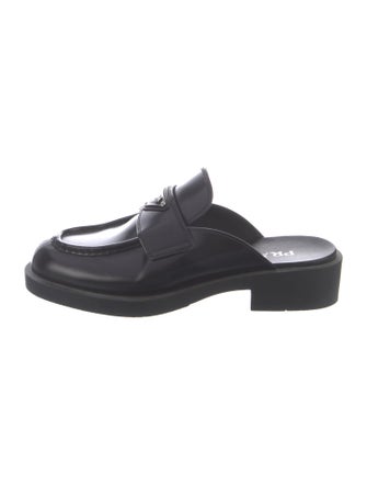 Prada Enameled Metal Triangle Leather Mules