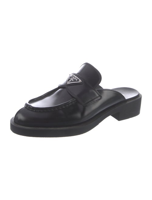 Prada Enameled Metal Triangle Leather Mules