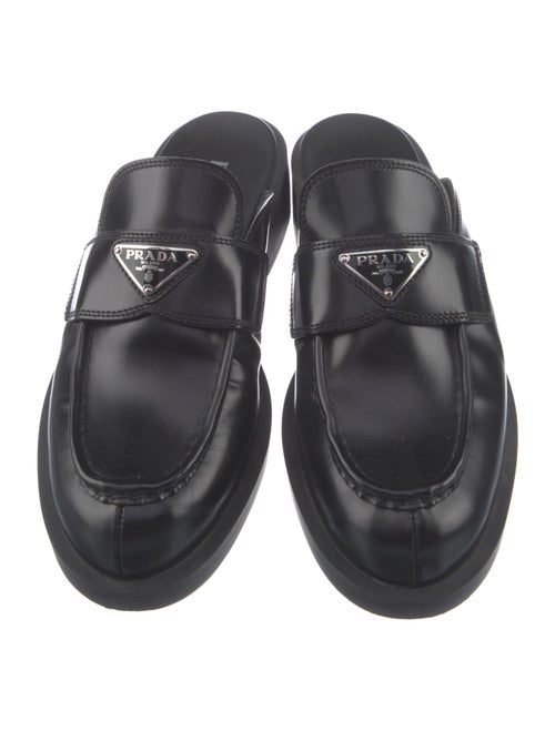 Prada Enameled Metal Triangle Leather Mules