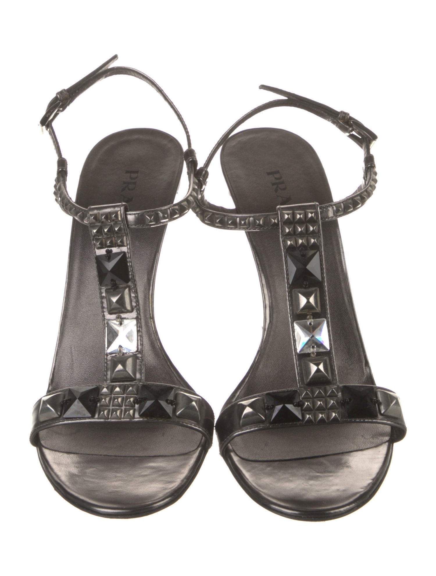 Prada Leather Crystal Embellishments T-Strap Sandals