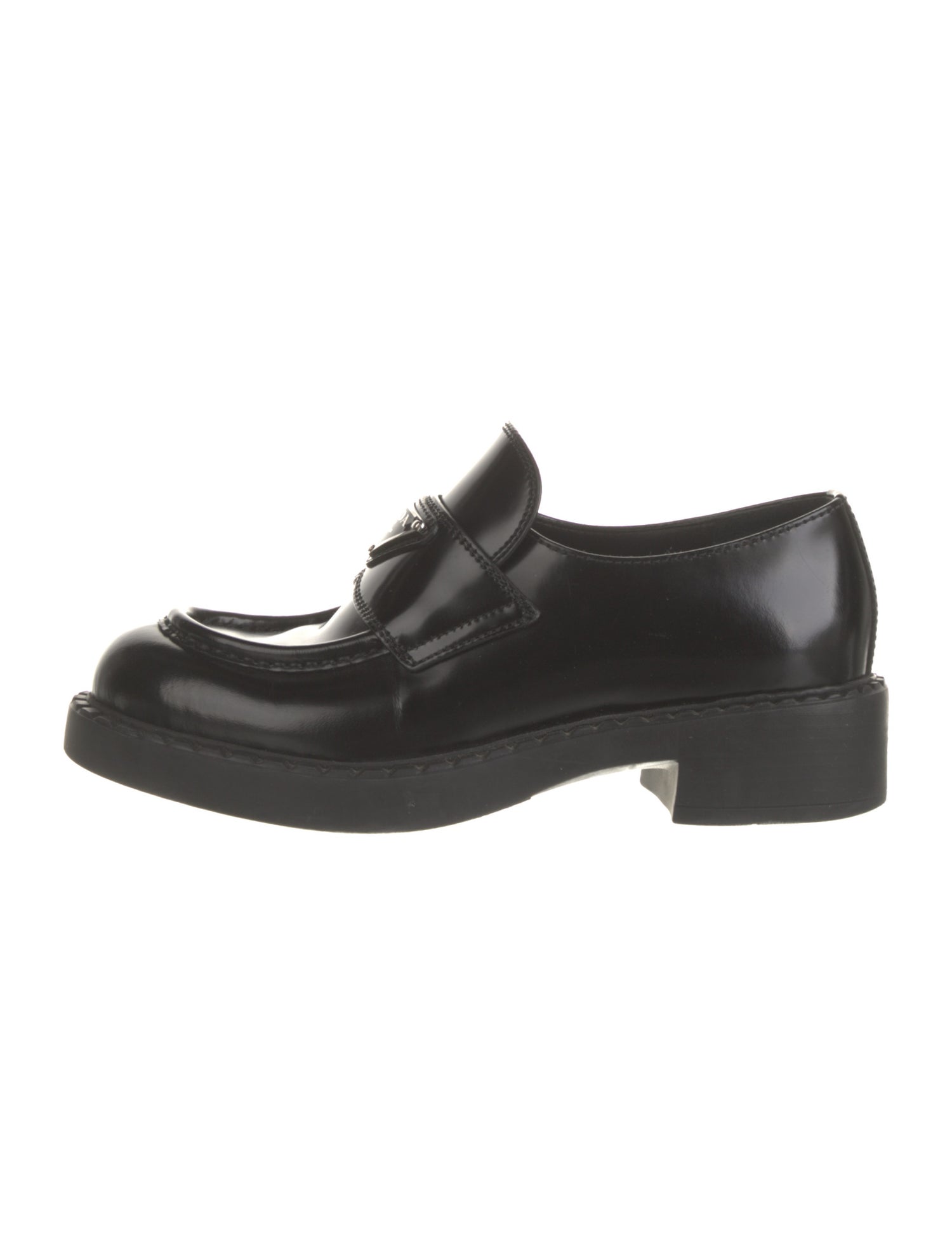 Prada Enameled Metal Triangle Leather Oxfords