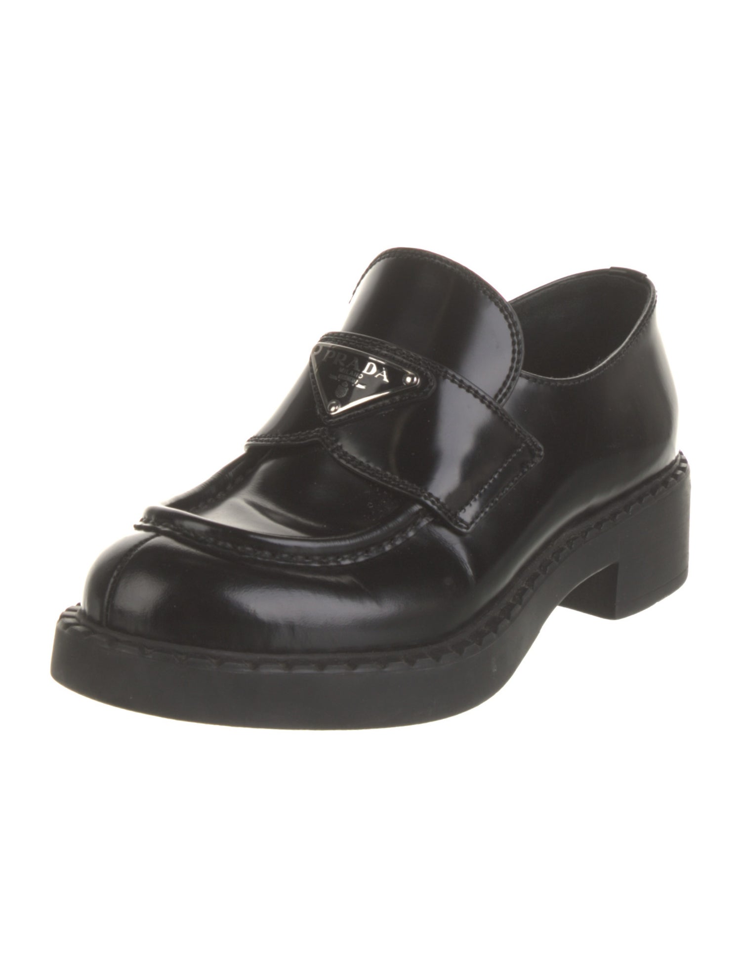 Prada Enameled Metal Triangle Leather Oxfords