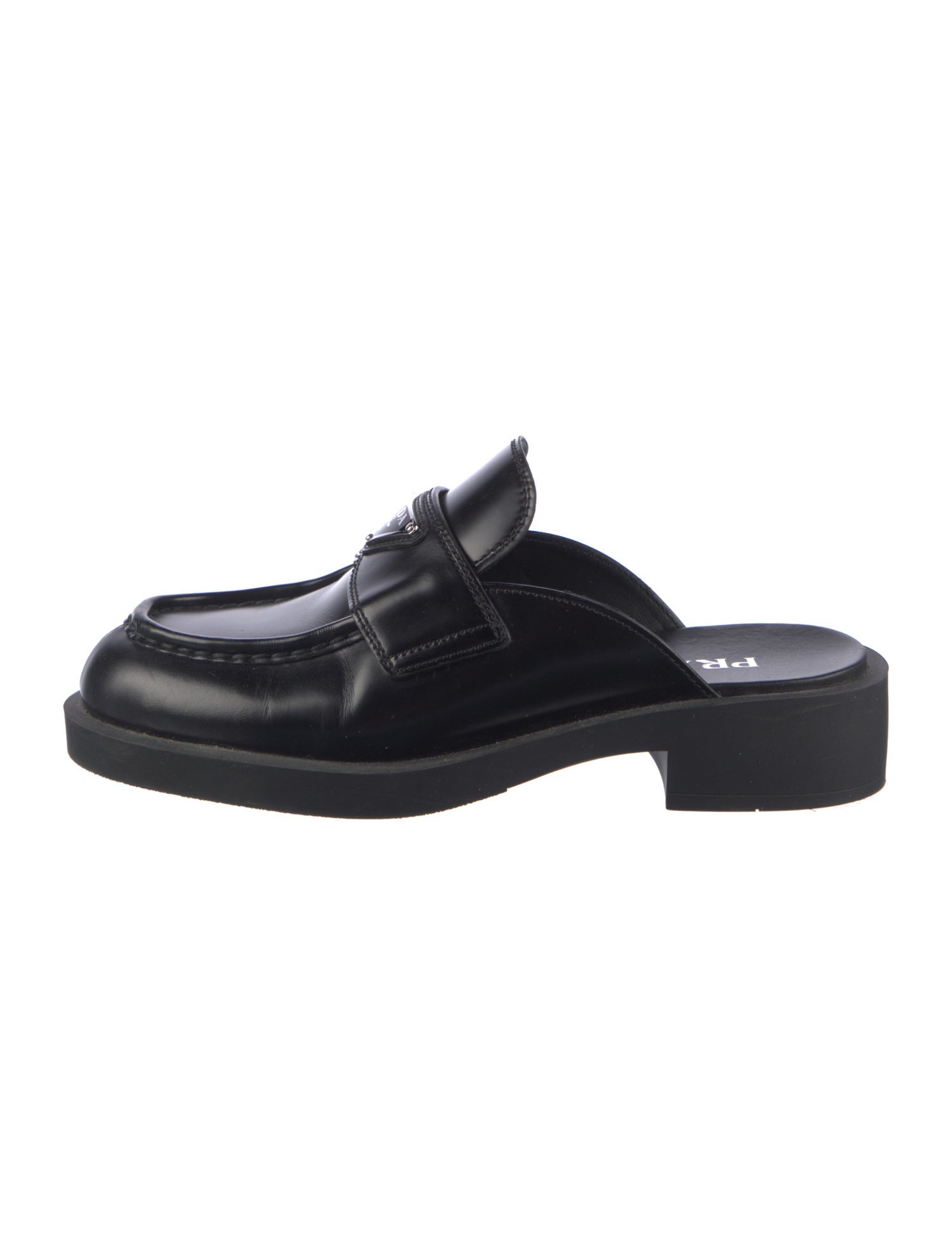 Prada Enameled Metal Triangle Leather Mules