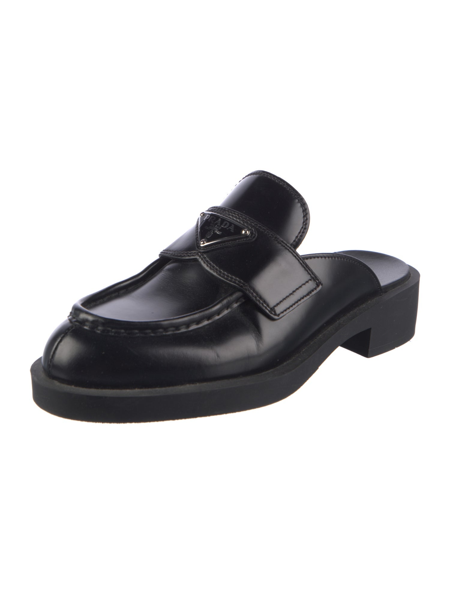 Prada Enameled Metal Triangle Leather Mules