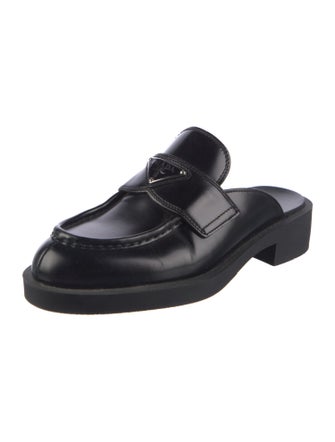 Prada Enameled Metal Triangle Leather Mules