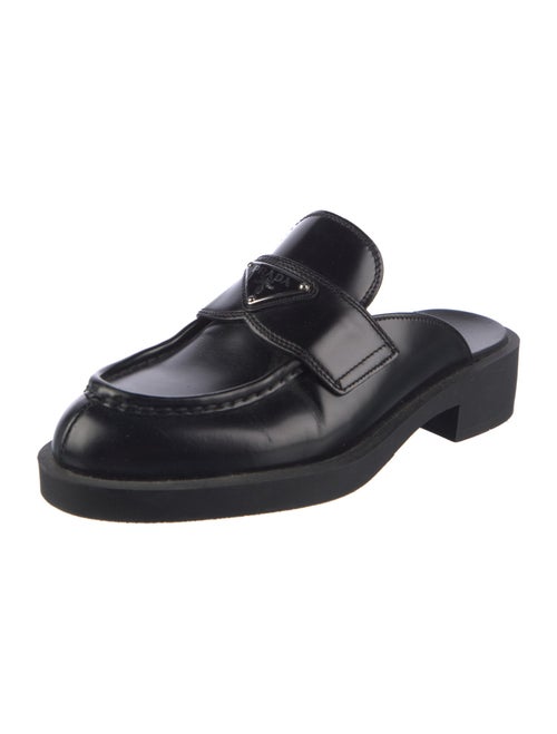 Prada Enameled Metal Triangle Leather Mules