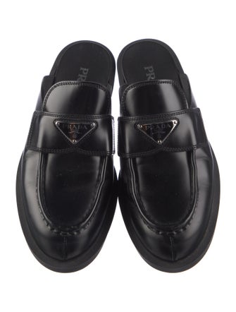 Prada Enameled Metal Triangle Leather Mules