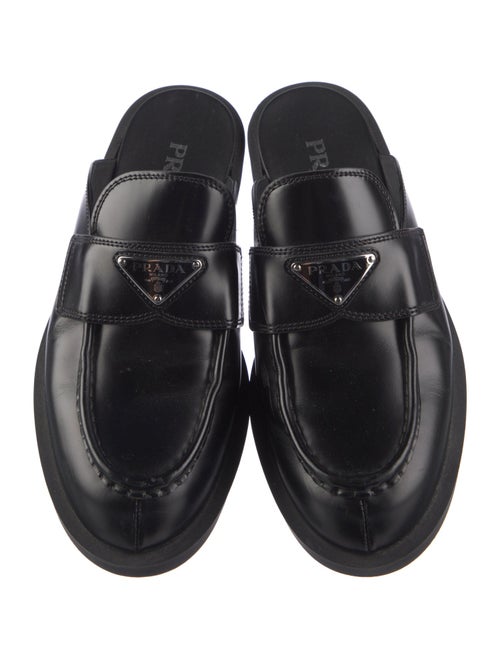 Prada Enameled Metal Triangle Leather Mules