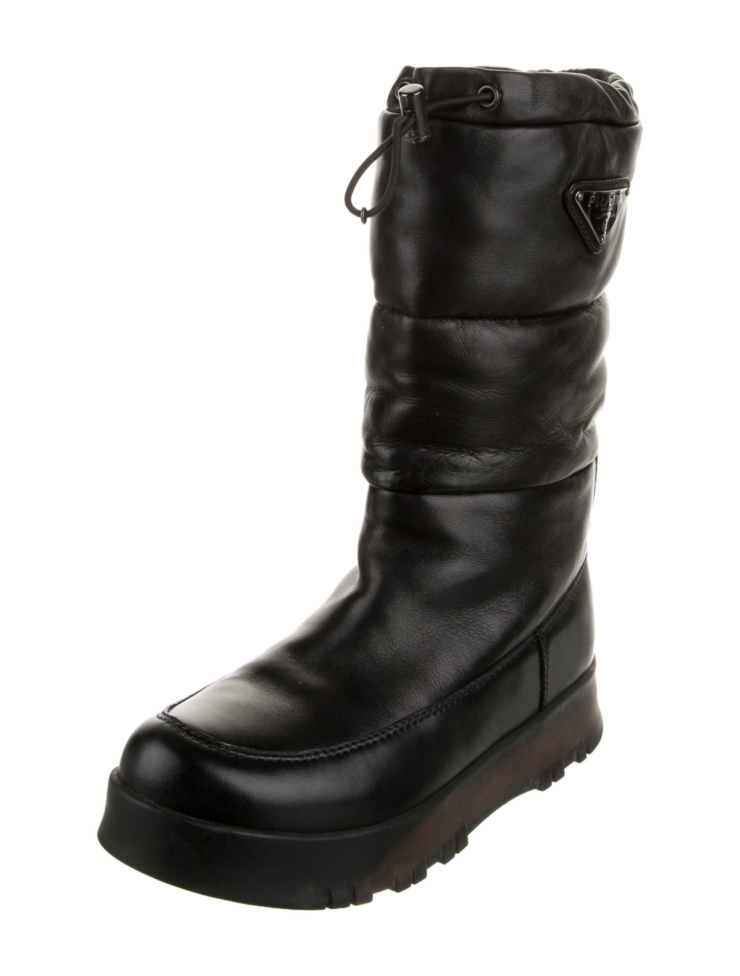 Prada Sport Enameled Metal Triangle Leather Rain Boots