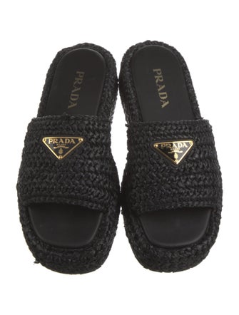Prada Enameled Metal Triangle Straw Espadrilles