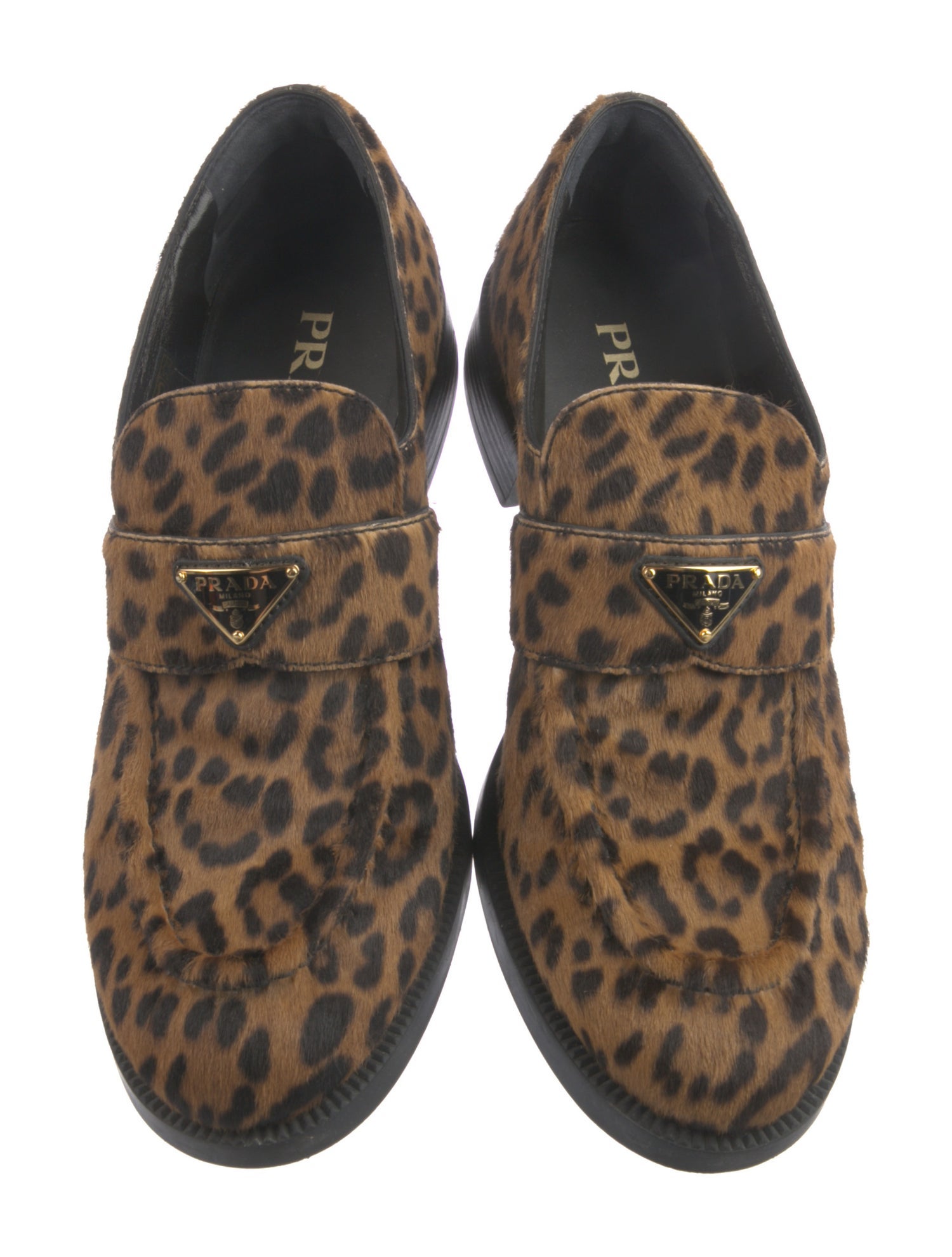 Prada Enameled Metal Triangle Ponyhair Loafers