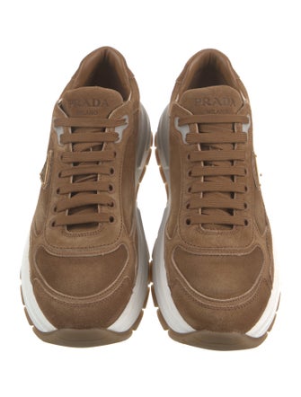 Prada Enameled Metal Triangle Suede Sneakers