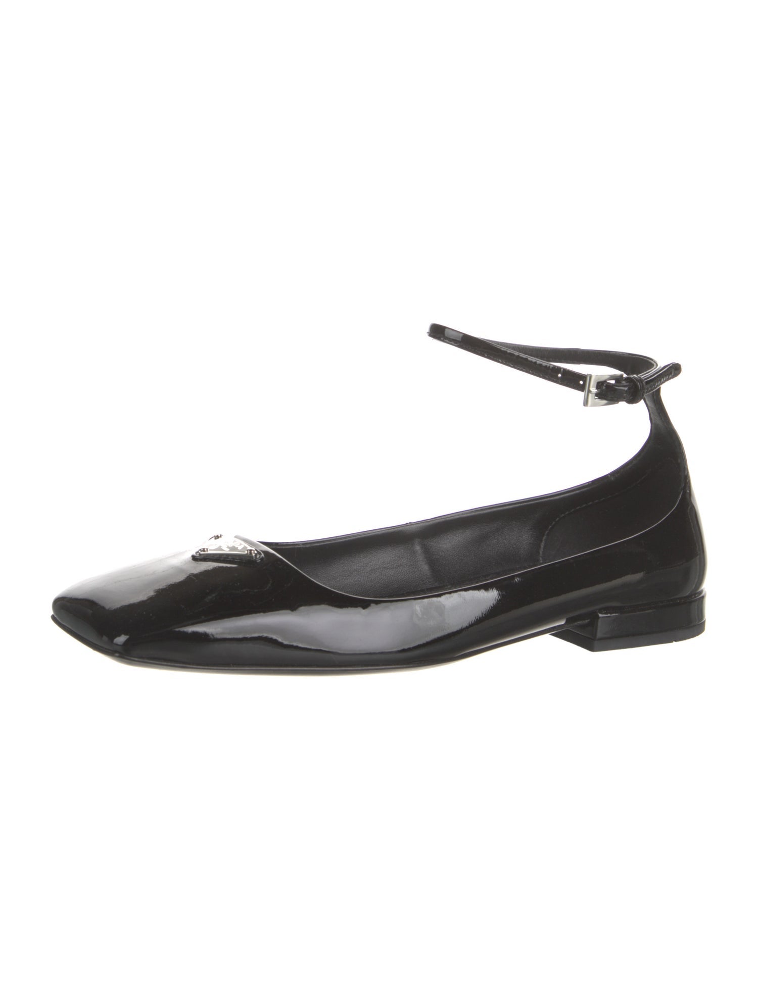 Prada Enameled Metal Triangle Patent Leather Flats