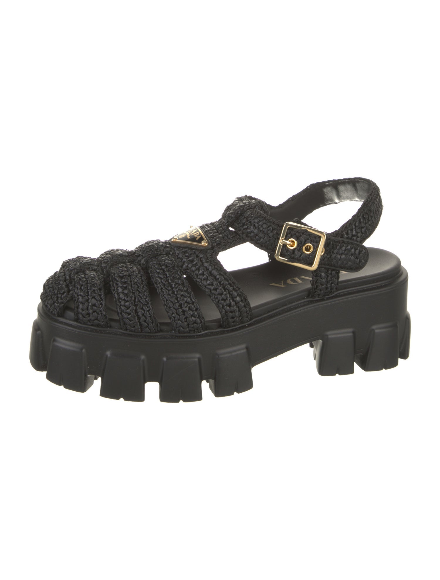 Prada Enameled Metal Triangle Raffia Slingback Sandals