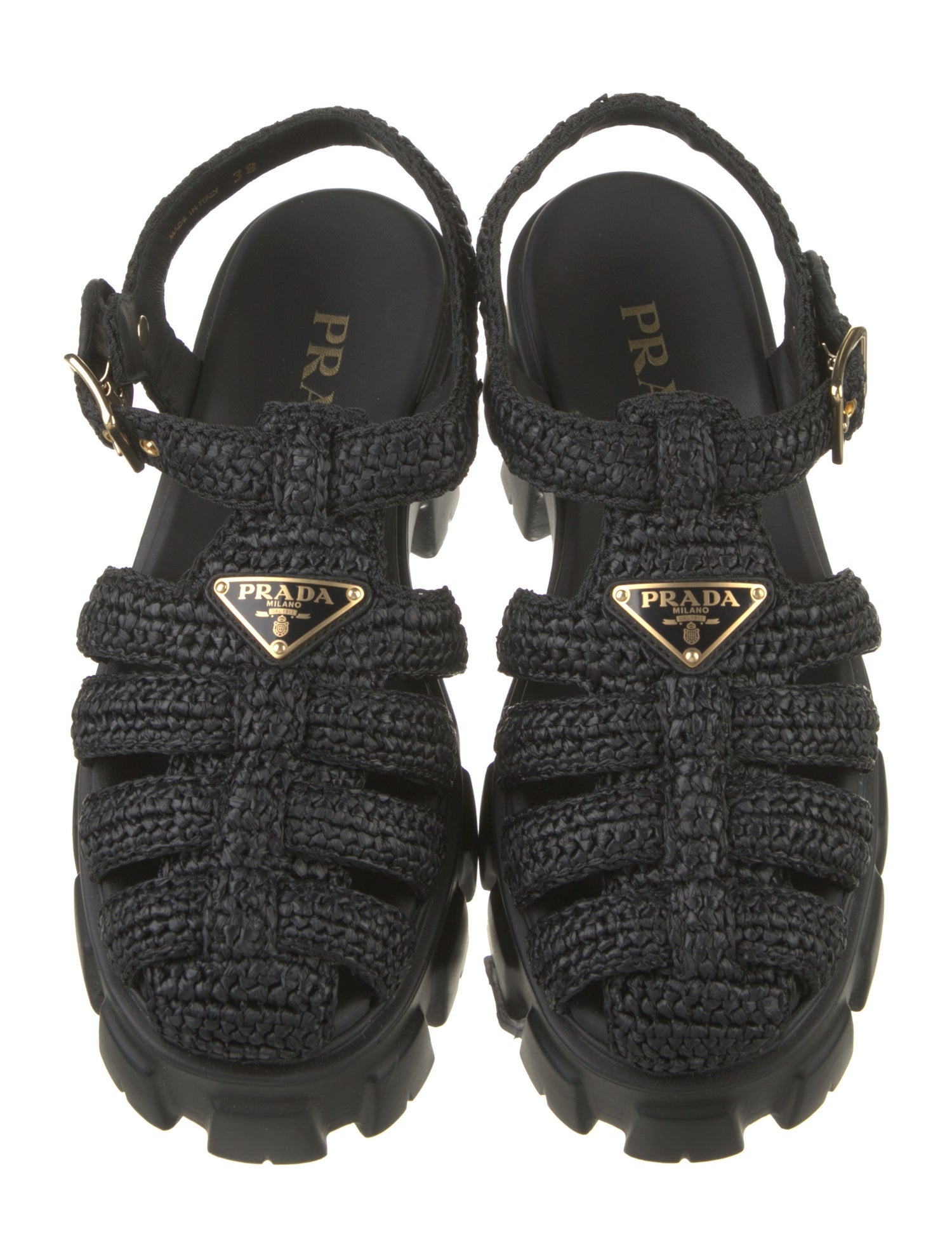 Prada Enameled Metal Triangle Raffia Slingback Sandals